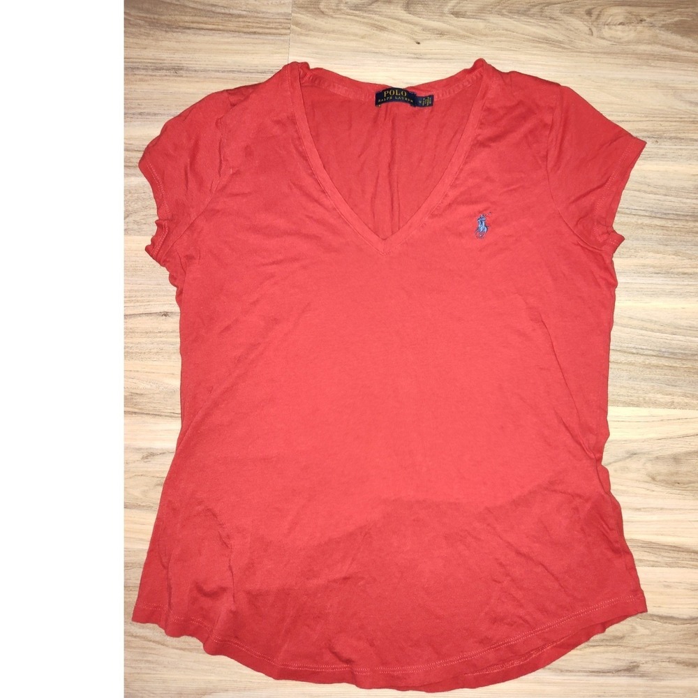 Polo Ralph Lauren Womens V-Neck T-Shirt Red Cotton Lyocell Blend Size M